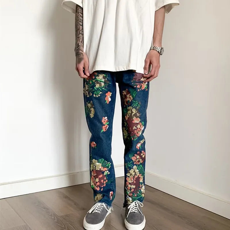 R3ceived Style Hand Painted Floral Graffiti Men's Trendy Jeans - R3ceived