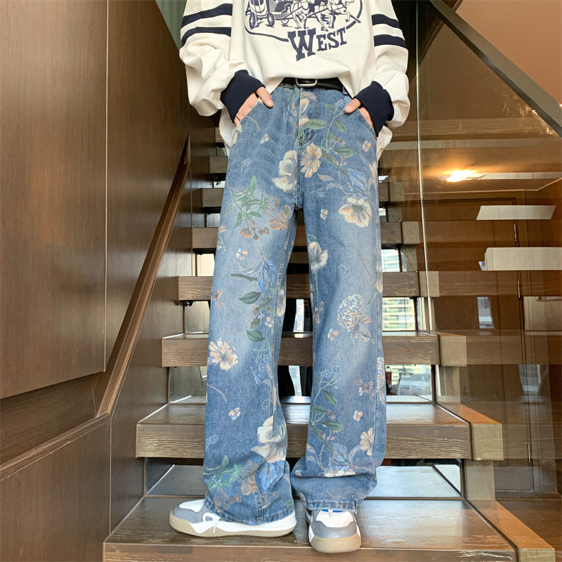 R3, Fashion members club flower printed jeans for men, - R3ceived