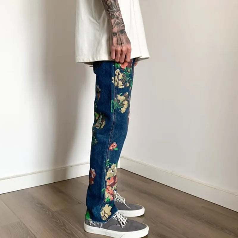 R3ceived Style Hand Painted Floral Graffiti Men's Trendy Jeans - R3ceived