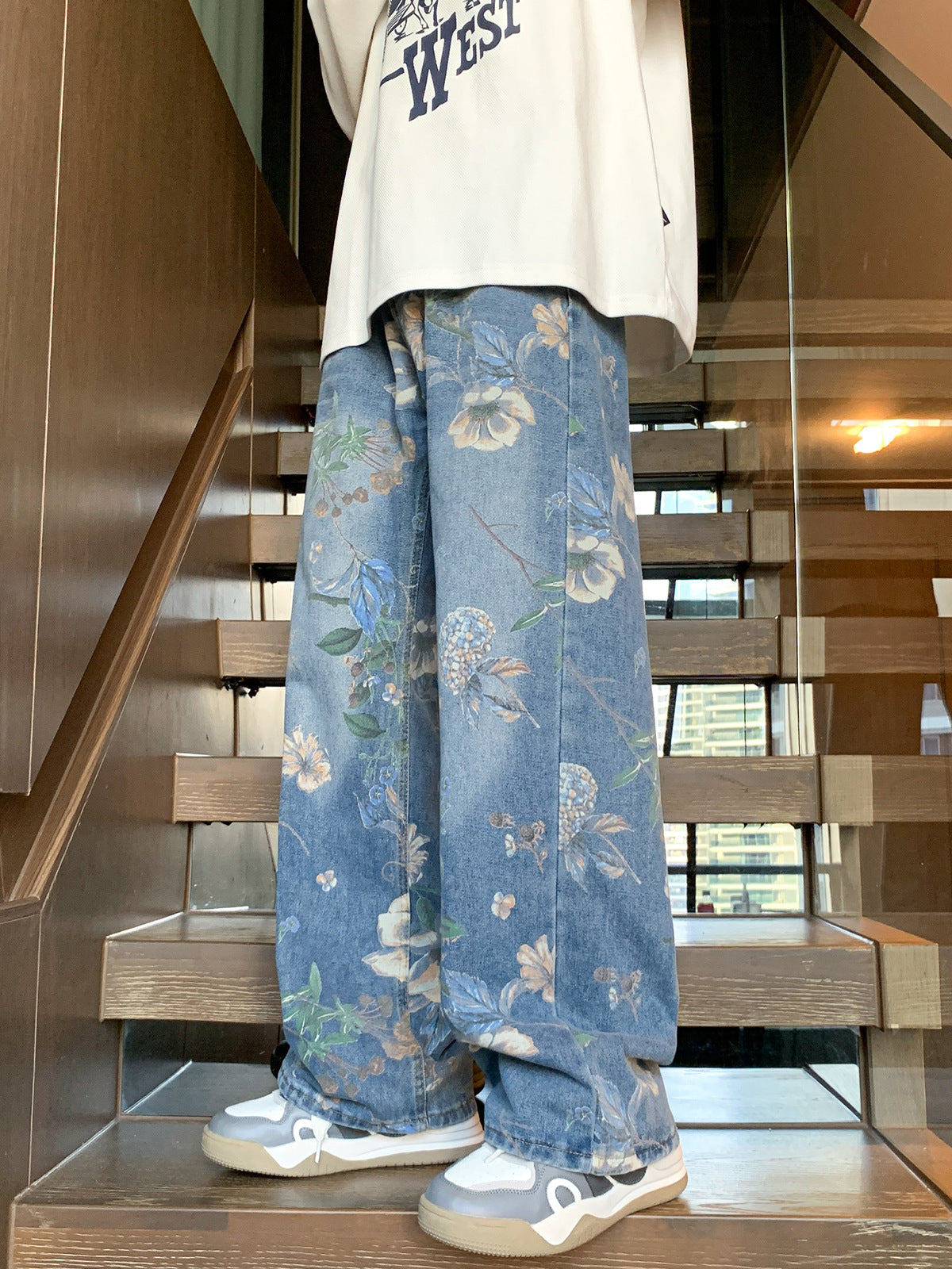 R3, Fashion members club flower printed jeans for men, - R3ceived