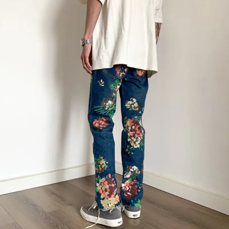 R3ceived Style Hand Painted Floral Graffiti Men's Trendy Jeans - R3ceived