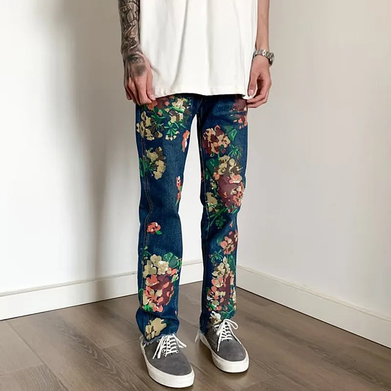 R3ceived Style Hand Painted Floral Graffiti Men's Trendy Jeans - R3ceived