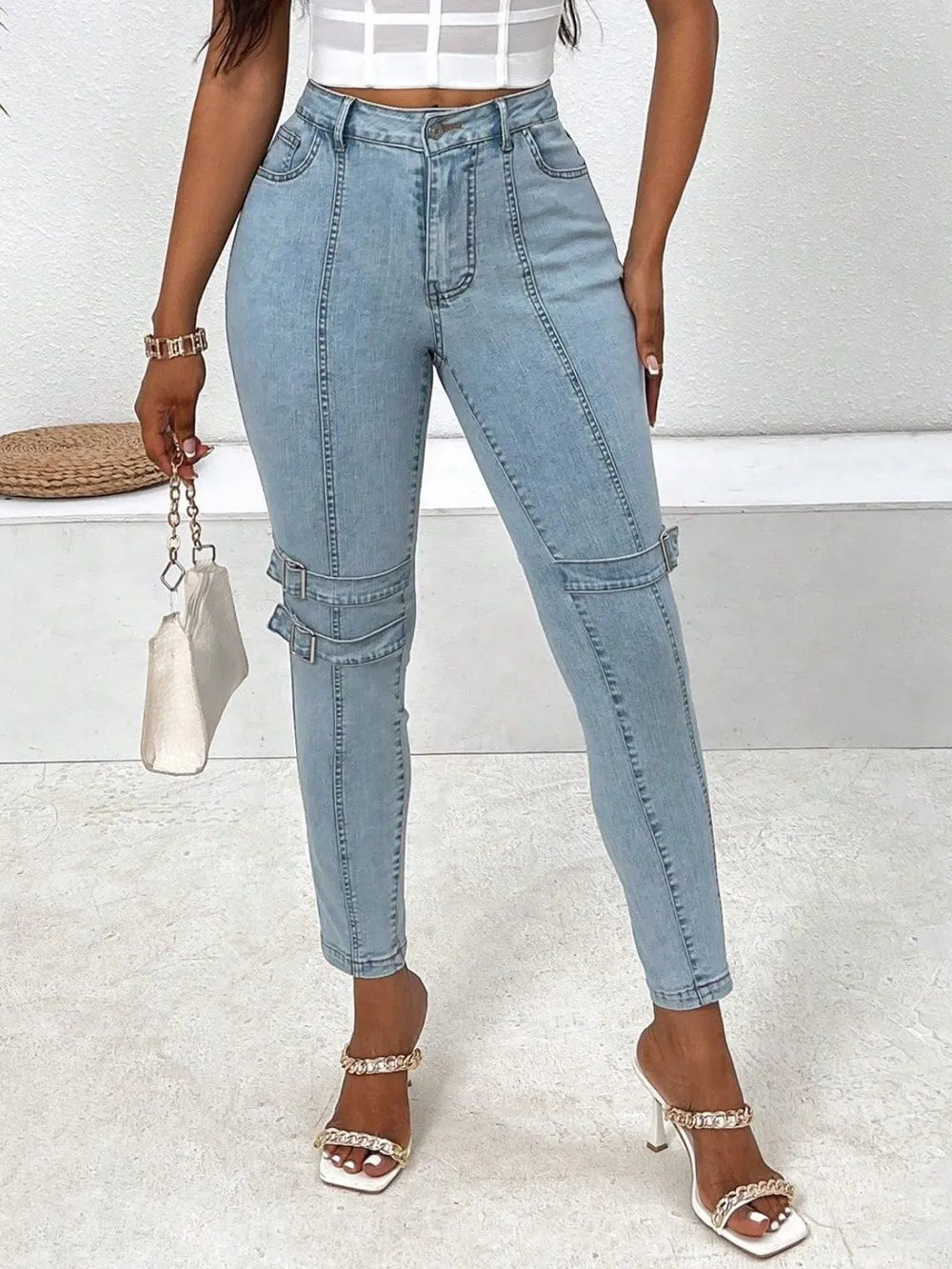 R3CEIVED  Buckle Skinny Jeans with Pockets