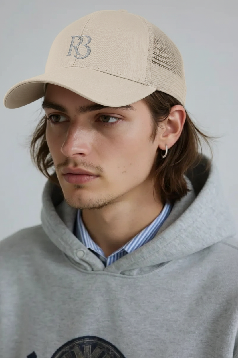 Beige R3 Mesh Cap – Eco-Friendly 6-Panel Trucker Hat with White R3 Logo