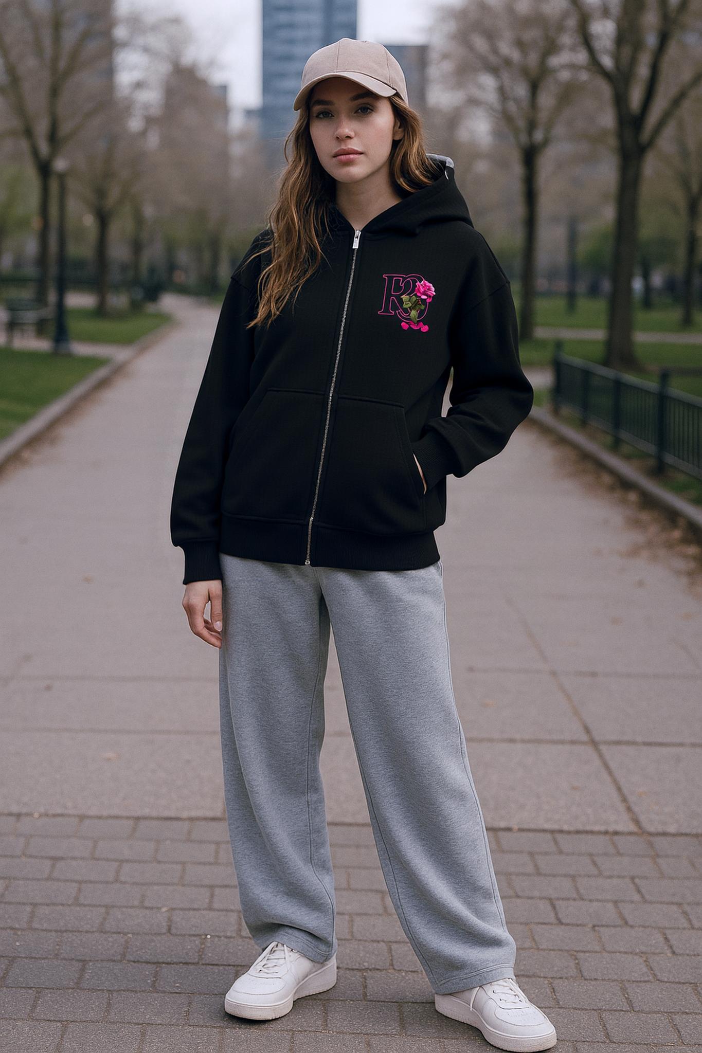 Beauty and the Rose – Pink Rose Edition Zipper Hoodie by R3CEIVED Fashion Members Club edition.