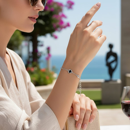 Lucky Five Clover Bracelet – Silver / Black 🍀