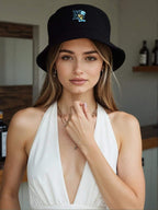 Beauty and the Rose edition black bucket hat with sky blue embroidered logo, unisex summer sun protection accessory