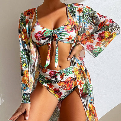 R3 Long top split three piece printed sexy swimsuit ,women's bikini