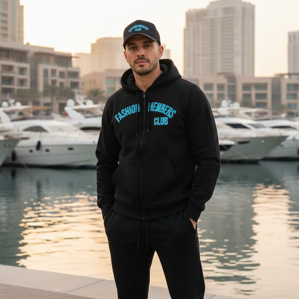 R3CEIVED Fashion Members Club – Silver/Sky Blue Signature Combo Set (Hoodie, Sweatpants & Cap)