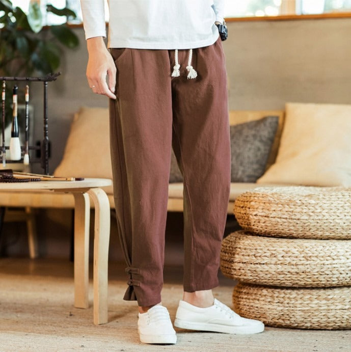 R3, Fashion members club cotton linen buttoned pants for men - R3ceived