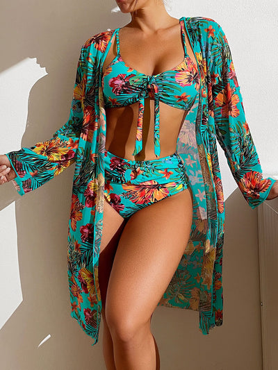 R3 Long top split three piece printed sexy swimsuit ,women's bikini