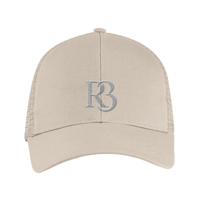 Beige R3 Mesh Cap – Eco-Friendly 6-Panel Trucker Hat with White R3 Logo