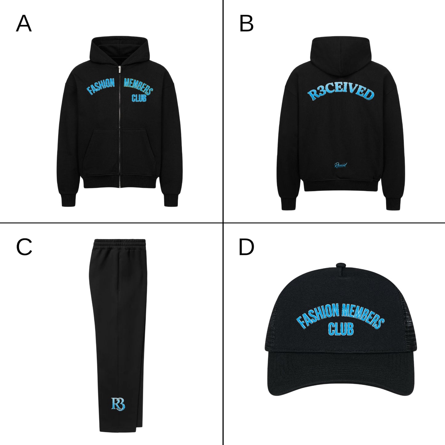 R3CEIVED Fashion Members Club – Silver/Sky Blue Signature Combo Set (Hoodie, Sweatpants & Cap)