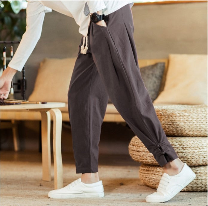 R3, Fashion members club cotton linen buttoned pants for men - R3ceived