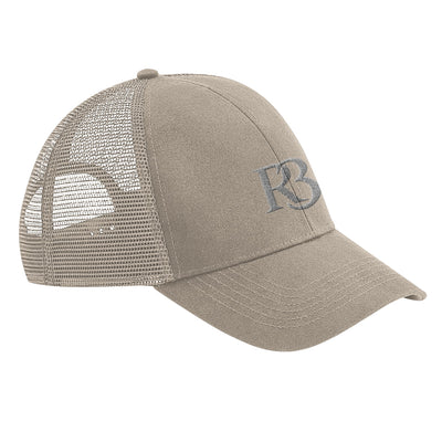 Beige R3 Mesh Cap – Eco-Friendly 6-Panel Trucker Hat with White R3 Logo