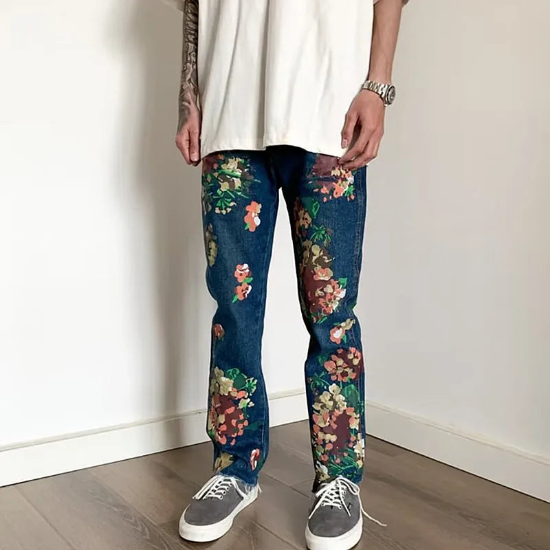 R3ceived Style Hand Painted Floral Graffiti  Men's Trendy Jeans - R3ceived