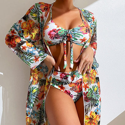 R3 Long top split three piece printed sexy swimsuit ,women's bikini