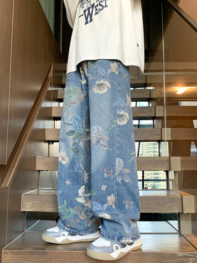 R3, Fashion members club flower printed jeans for men,