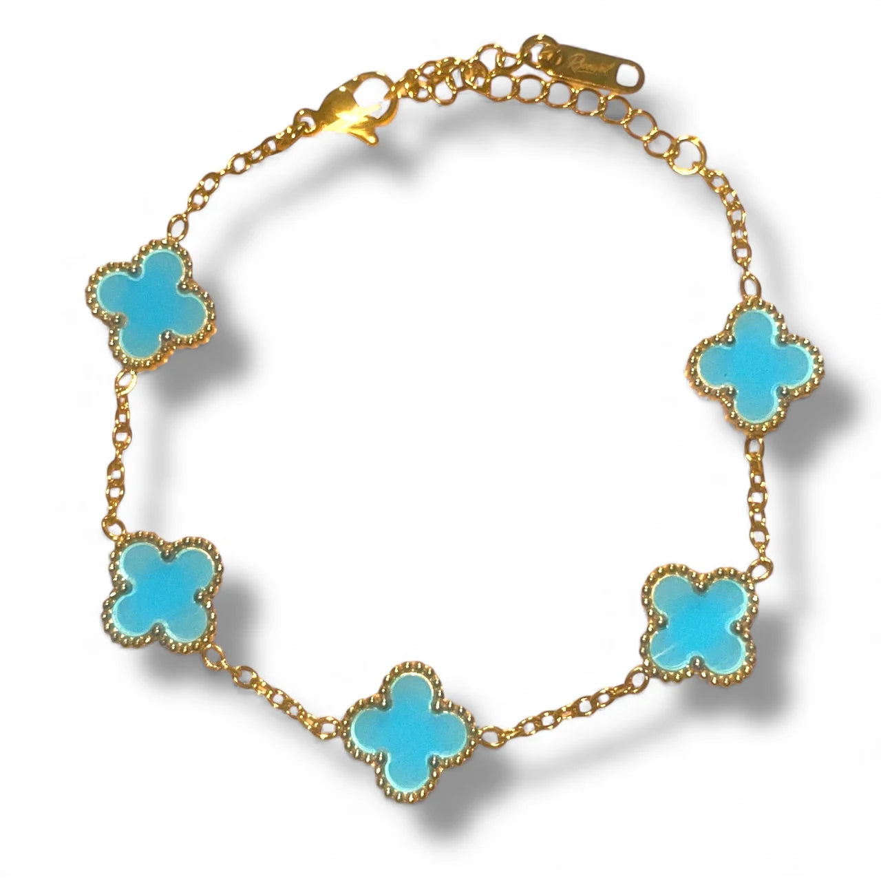 R3CEIVED Lucky Klaver Armband – Gold Sky Blue Editie (18K Verguld)