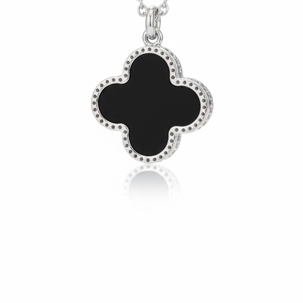 R3CEIVED lucky double sided Clover Necklace – Black White Silver Edition