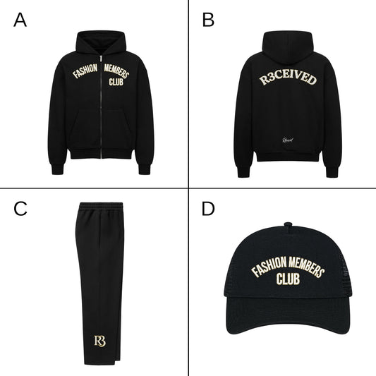 R3CEIVED Fashion Members Club – Gold/White Signature Combo Set (Hoodie, Sweatpants & Cap)