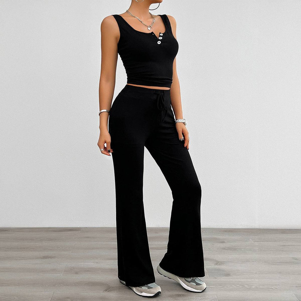 Women's black sleeveless slim fit knitted top and long pants Back to balance set