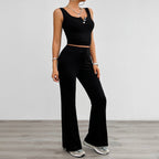 Women's black sleeveless slim fit knitted top and long pants Back to balance set