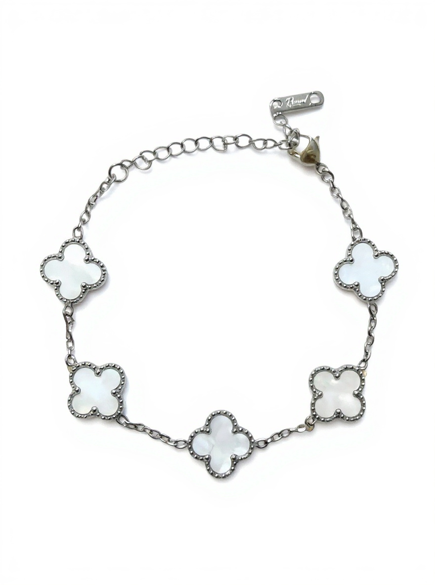 R3CEIVED Lucky Klaver Armband – Zilver Wit Editie (Roestvrij staal)