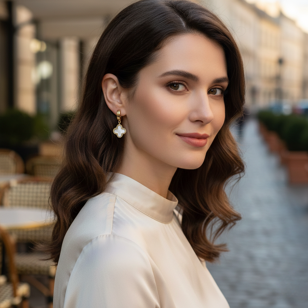 Lucky Clover Earrings – White / Gold 🍀