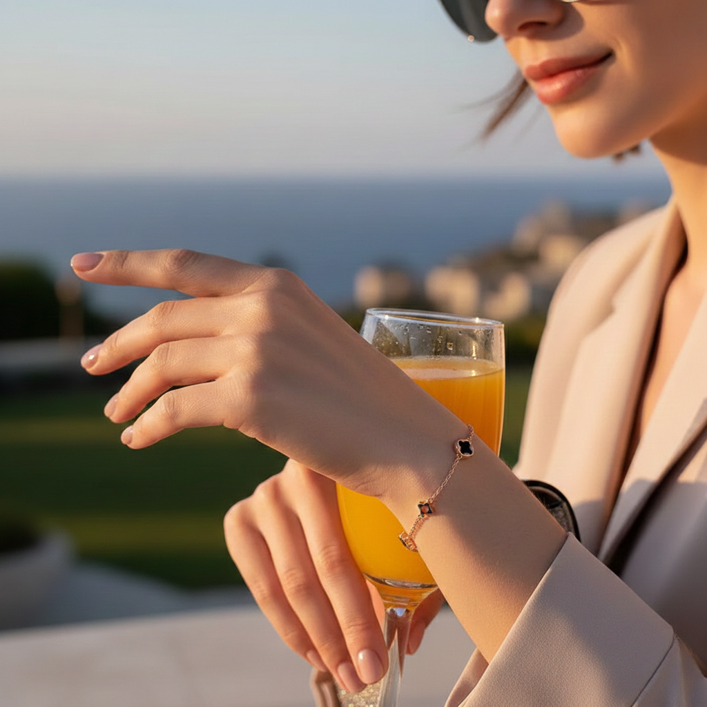 Lucky Five Clover Bracelet – Rose Gold / Black 🍀