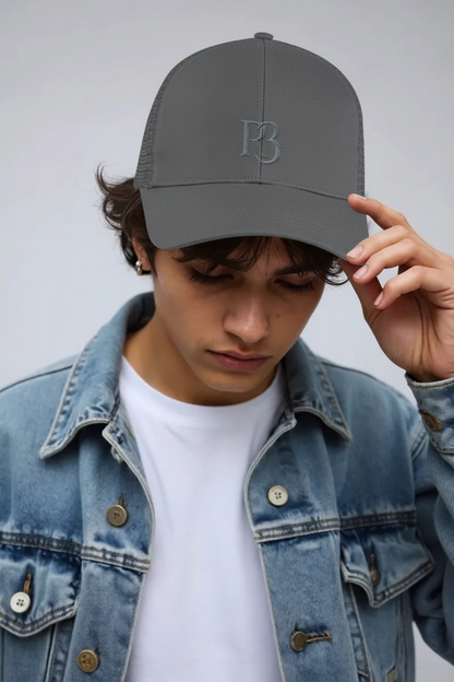 Grey Organic Cotton Mesh Cap with Grey R3 Logo – Eco-Friendly Trucker Hat